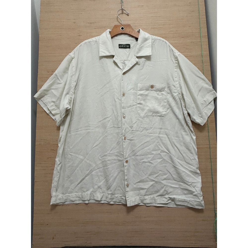 Orvis Mens XL Short Sleeve Button Down Camp Shirt‎ Cream Off White Silk Blend